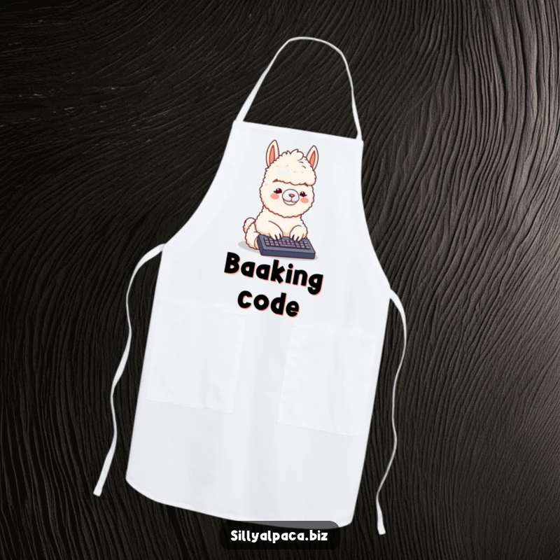 Funny apron with a fluffy alpaca typing on a tiny keyboard, designed for kitchen tasks with a humorous, tech-themed flair.