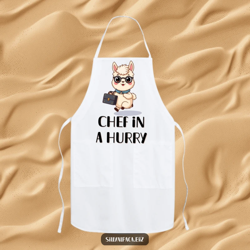 Funny Busy Alpaca Briefcase Apron showing an alpaca character rushing with a briefcase, ideal for a humorous kitchen accessory.