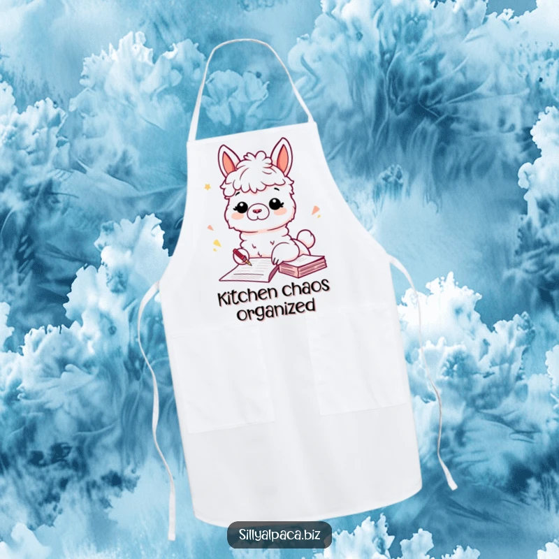 Funny apron with a playful alpaca filing papers, designed for kitchen tasks with a humorous, organizational, and cheerful flair.