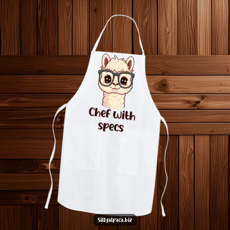 Funny Curious Alpaca Office Glasses Apron showing an alpaca wearing large glasses, perfect for a funny kitchen accessory.