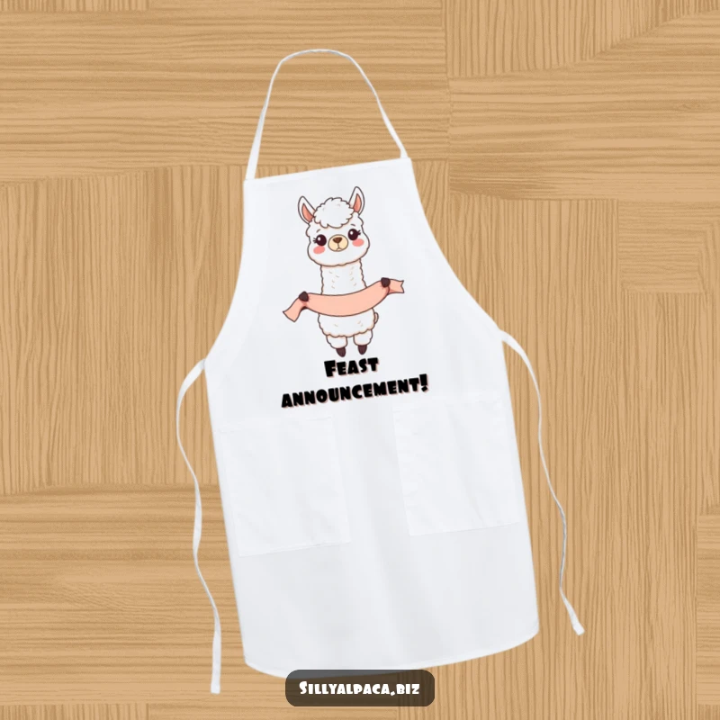 Funny Happy Alpaca Banner Apron showing a cheerful alpaca unfurling a long banner, ideal for festive cooking.
