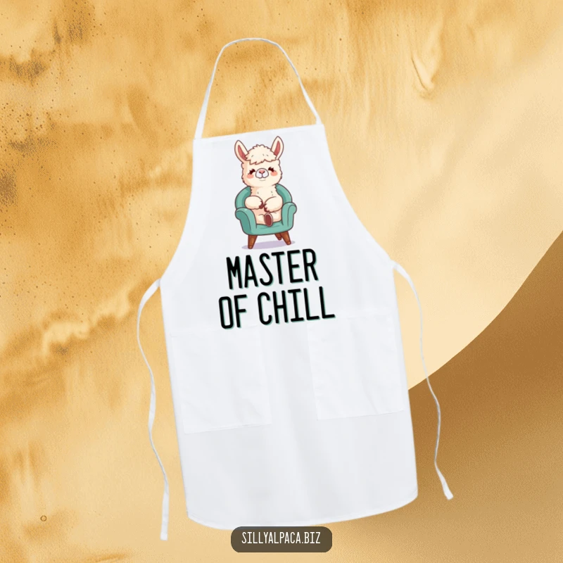 Funny apron with a relaxed alpaca character in a tiny chair, designed for the laid-back chef who loves humor in the kitchen.