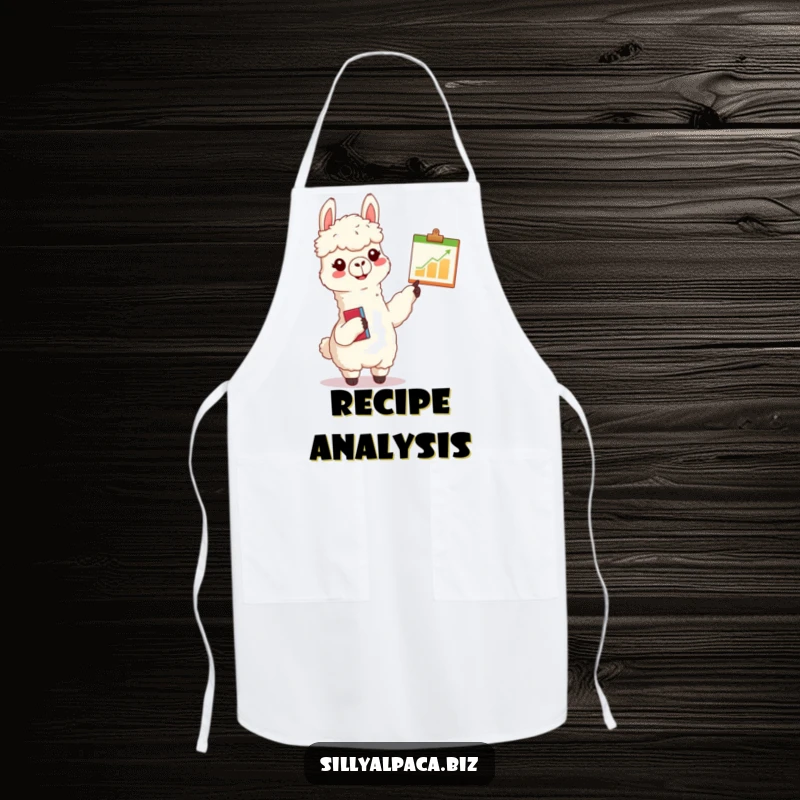 Funny alpaca apron showing a cheerful alpaca with a clipboard enthusiastically pointing at a tiny chart, a humorous kitchen or presentation accessory.