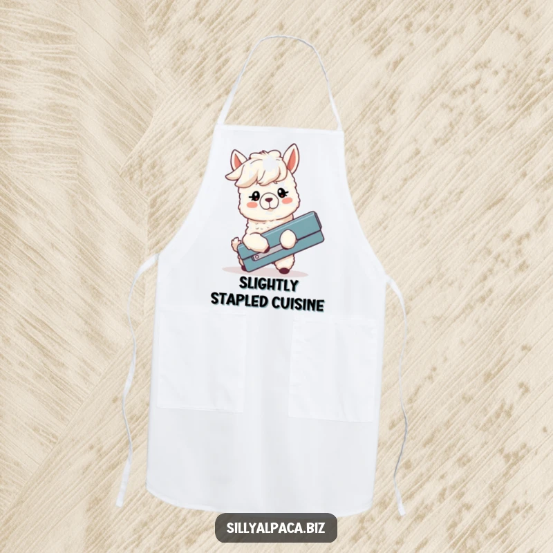 Funny apron showcasing a silly alpaca with floppy ears hilariously failing to use a large stapler, perfect for a humorous kitchen.