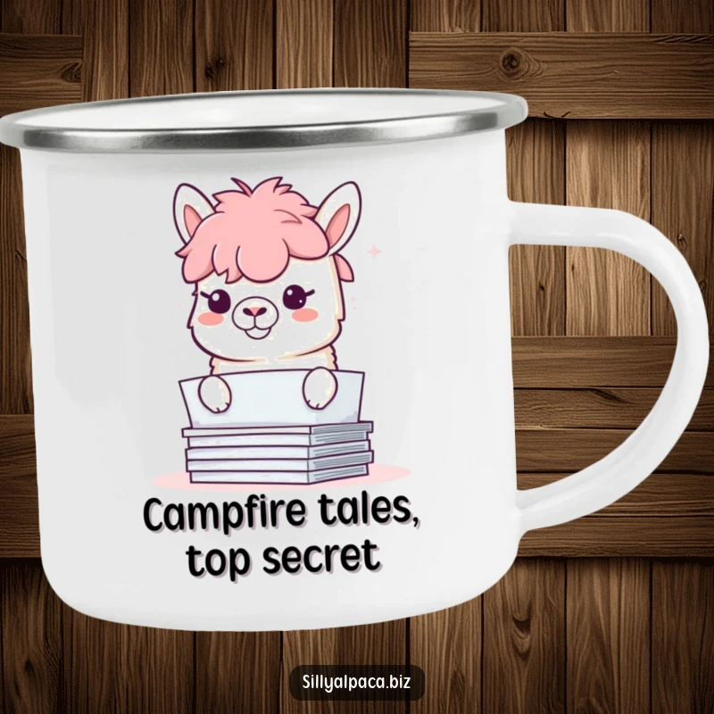 Funny enamel camping mug with a mischievous alpaca peeking from behind papers, its grin ready for adventure.