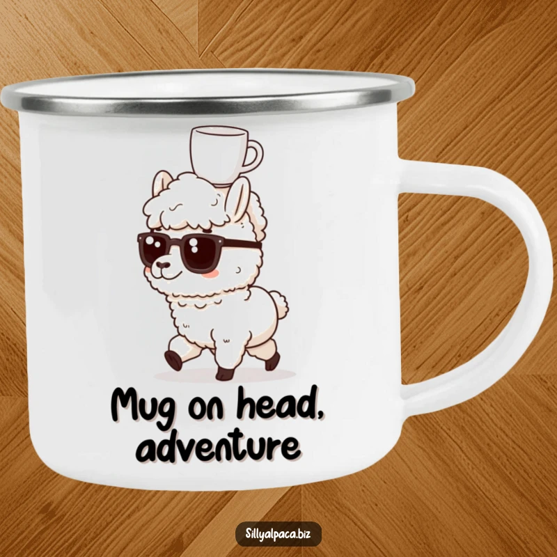 Funny enamel camping mug with a determined alpaca marching, coffee mug balanced on its head, for adventurous focus.