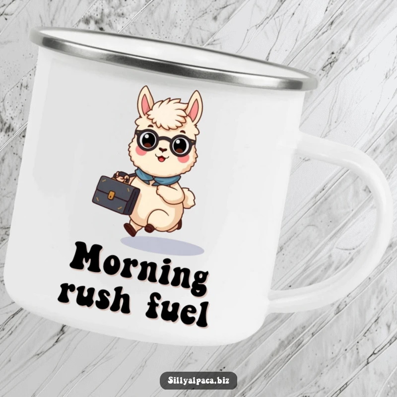 Funny Busy Alpaca Briefcase Camping Mug showing a rushing alpaca with a briefcase, ready for any adventure.