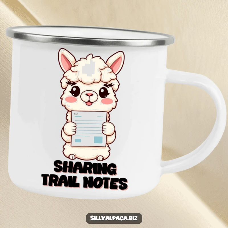 Funny camping mug with a smiling alpaca character presenting a colorful document, combining practicality with a humorous business theme.