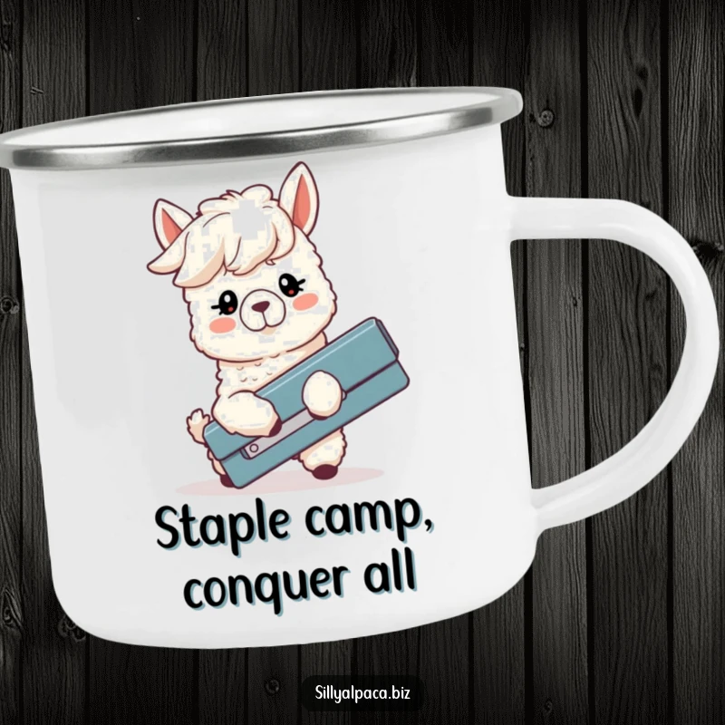 Funny enamel camping mug with a silly alpaca, ears down, comically failing to use a giant stapler, for rugged humor.