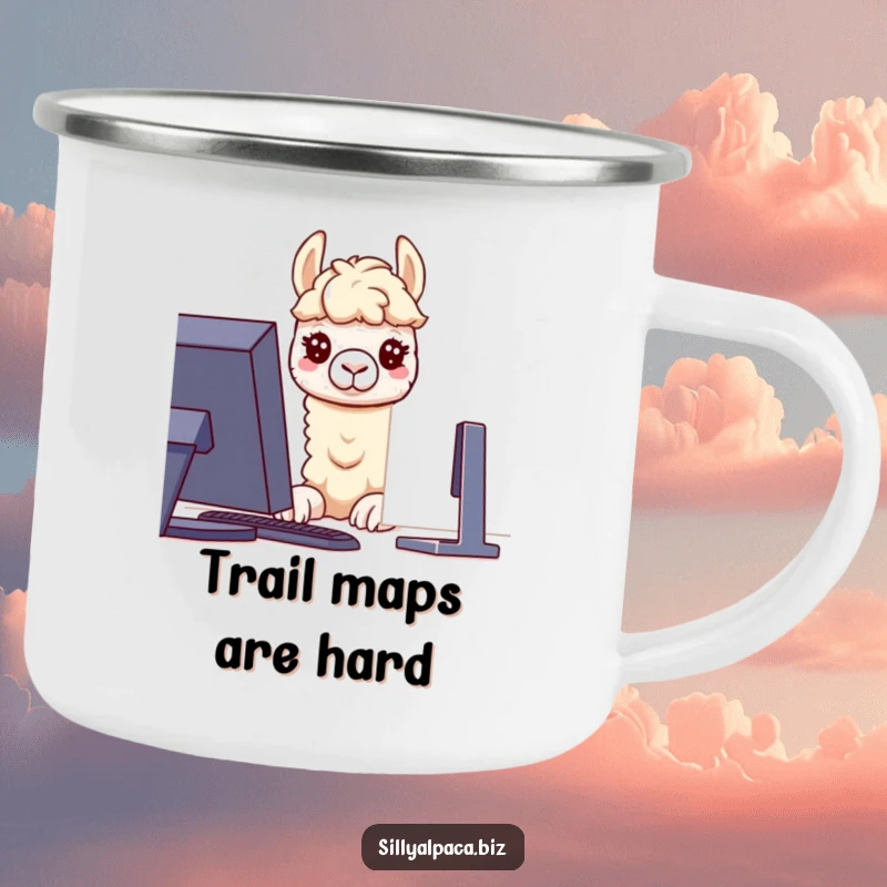 Funny camping mug depicting a curious alpaca character peering at a computer screen, blending outdoor use with a love for technology.
