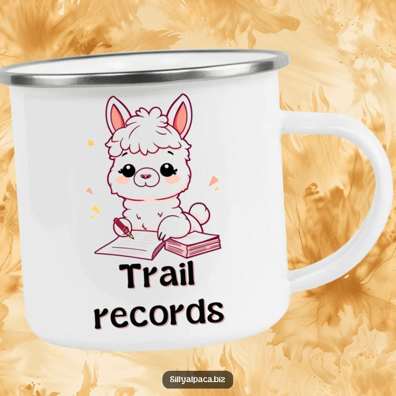 Funny camping mug featuring a playful alpaca filing papers, perfect for outdoor drinks with a touch of organizational humor.