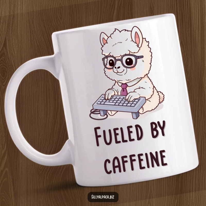 Funny typing alpaca mug showing a fluffy alpaca in a tie and glasses furiously typing on a miniature keyboard, symbolizing busy work.