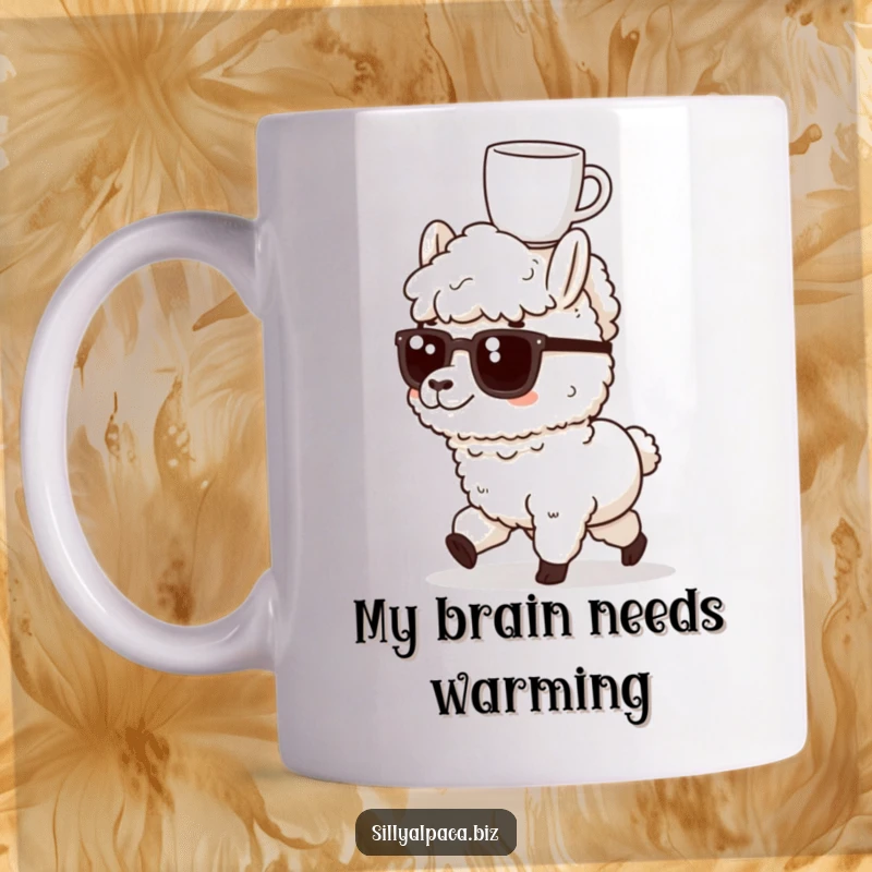 Funny mug shows a determined alpaca with a coffee cup balanced perfectly on its head, marching forward with focus.