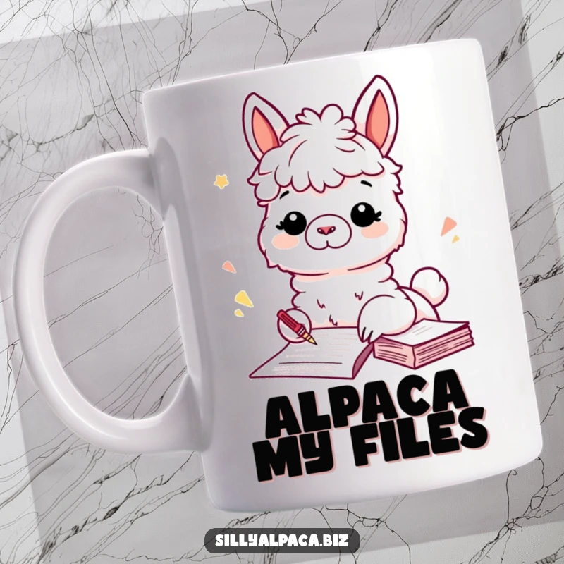 Funny mug featuring a playful alpaca character enthusiastically filing papers into a folder, showcasing its neat and organized personality.