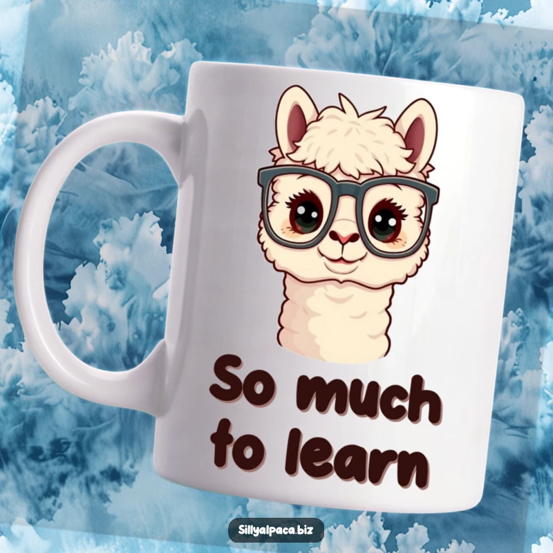 Funny Curious Alpaca Office Glasses Mug showing a cute alpaca wearing oversized glasses, looking studious and funny.