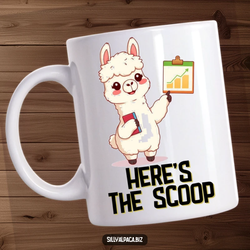 Funny chart-pointing alpaca mug showing a cheerful alpaca with a clipboard enthusiastically pointing at a tiny chart, symbolizing presentation and leadership.