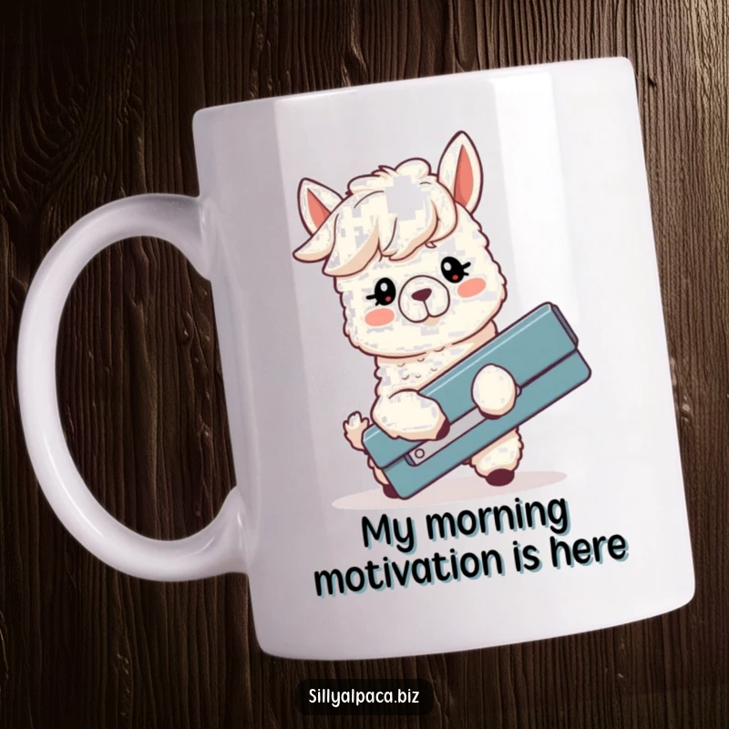 Funny mug showcasing a silly alpaca with floppy ears struggling comically to use an oversized stapler, embodying office frustration with humor.