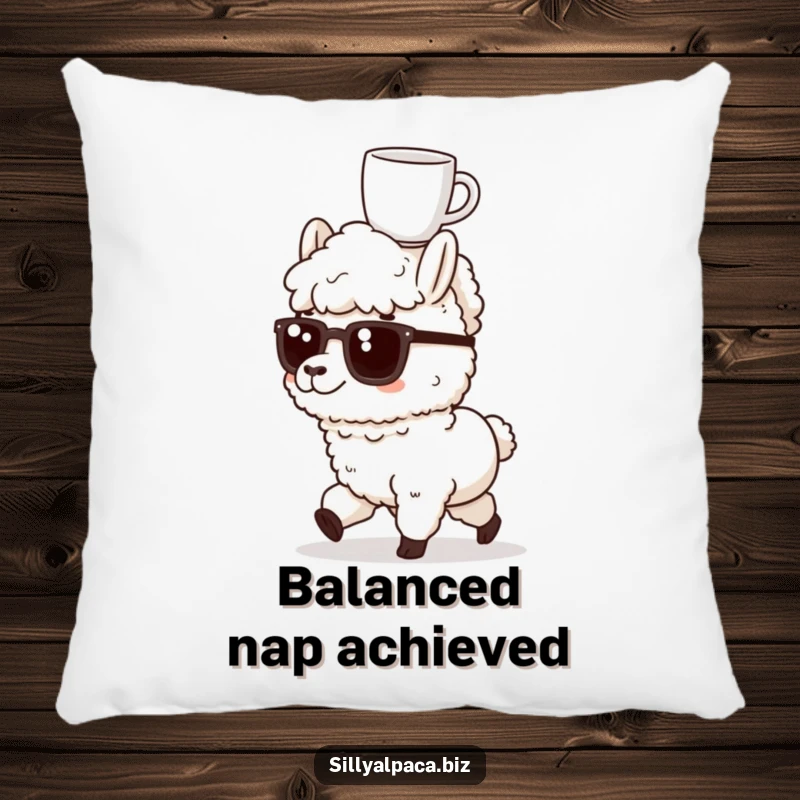 Funny pillow with a determined alpaca marching forward, a coffee mug balanced on its head, offering cozy motivation.