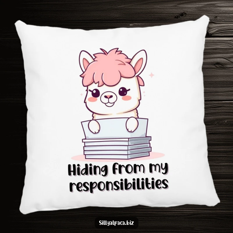 Funny pillow with a mischievous alpaca hiding behind papers, a playful grin suggesting secret fun.
