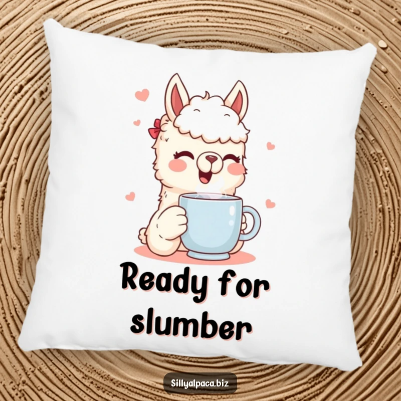 Funny pillow with a plush alpaca character blissfully drinking from a steaming mug, offering a blend of comfort and lighthearted humor.
