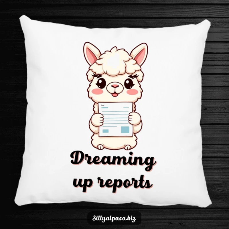 Funny pillow featuring a smiling alpaca character holding a colorful document, providing soft comfort and a humorous office theme.