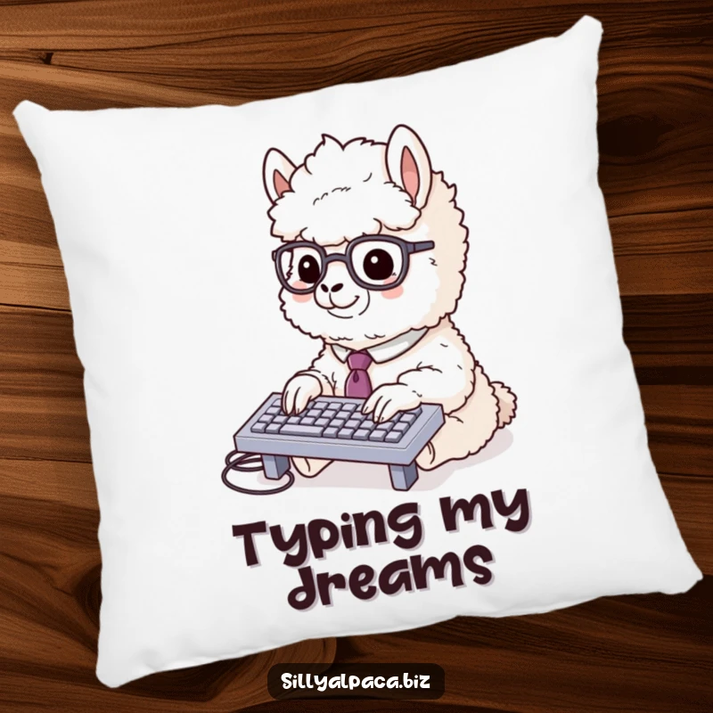 Funny alpaca pillow with a fluffy alpaca in a tie and glasses typing rapidly on a miniature keyboard, offering comfort and humorous appeal.