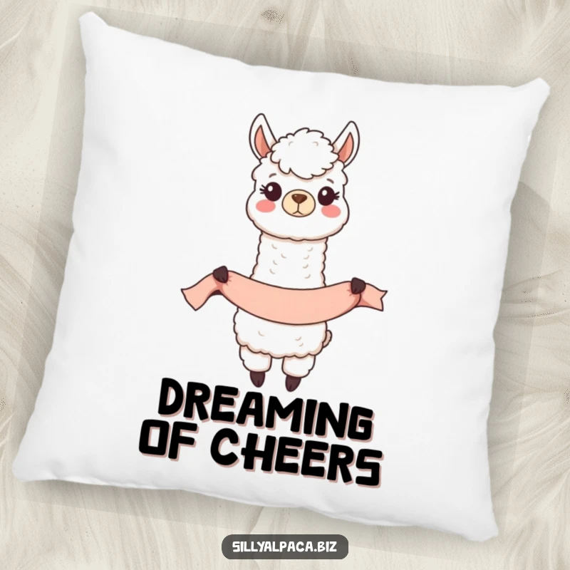 Funny Happy Alpaca Banner Pillow featuring a joyful alpaca character unfurling a long banner, perfect for cozy decor.