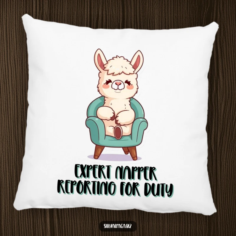 Funny pillow featuring a relaxed alpaca character lounging in a small chair, offering comfort and a dose of lighthearted humor.