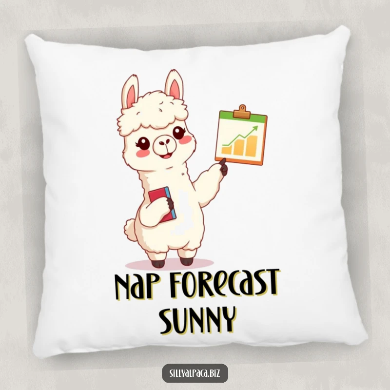 Funny alpaca pillow with a cheerful alpaca with a clipboard enthusiastically pointing at a tiny chart, offering comfort and humorous appeal.