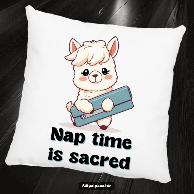 Funny pillow with a silly alpaca whose ears are down, humorously struggling with an oversized stapler, ideal for cozy laughs.