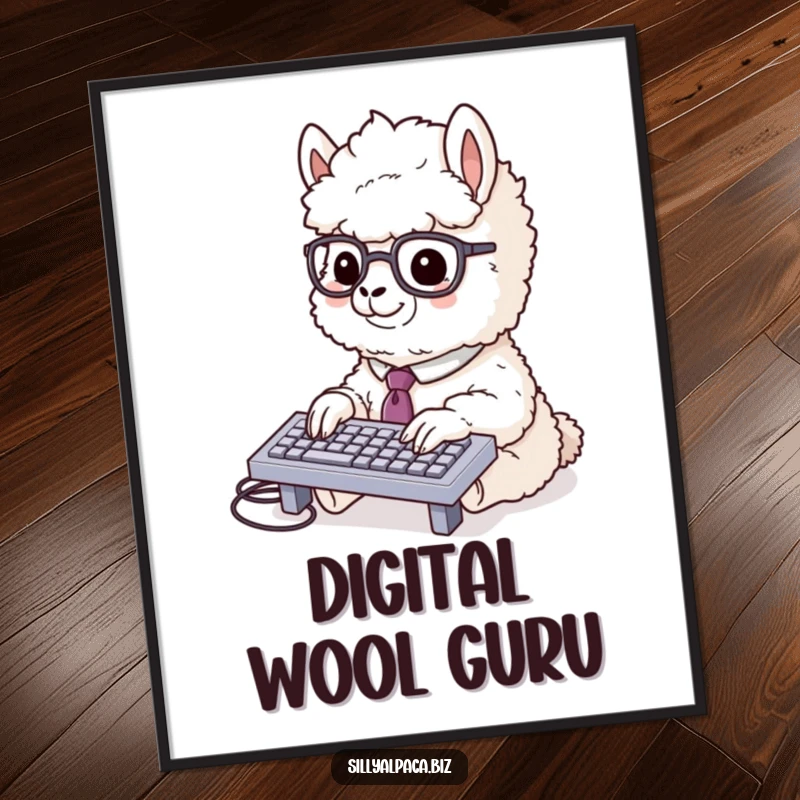 Funny alpaca digital art print of a fluffy alpaca in a tie and glasses typing rapidly on a miniature keyboard, great for instant humorous office decor.