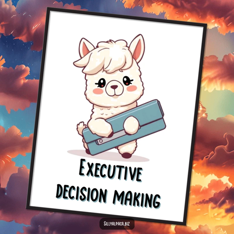 Funny digital art print of a silly alpaca, ears down, comically wrestling with an oversized stapler, ideal for humorous decor.