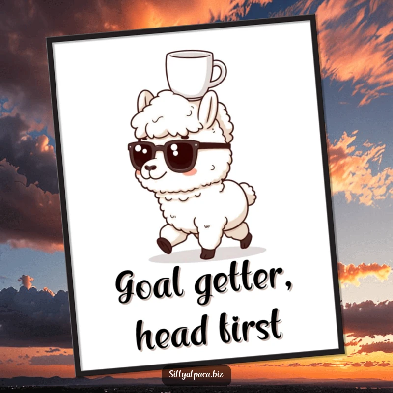 Funny digital art print of a determined alpaca marching forward, coffee mug balanced on its head, for instant motivation.