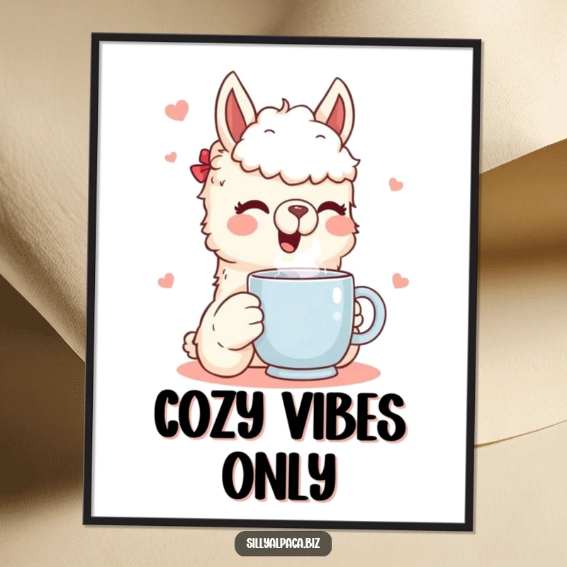 Funny digital art print of a smiling alpaca character joyfully drinking from a steaming mug, conveying warmth and lighthearted humor.