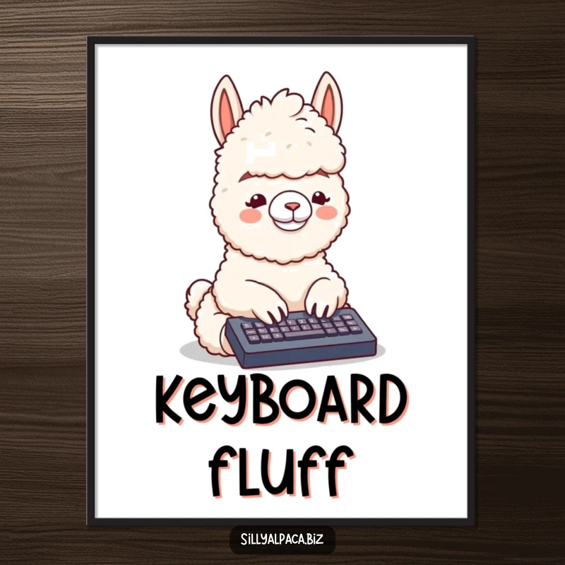 Funny digital art print of a fluffy alpaca typing on a tiny keyboard, offering instant whimsical decor and a dose of tech-loving humor.