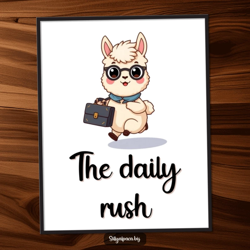 Funny Busy Alpaca Briefcase Digital Art Print of an alpaca character rushing with a briefcase, adding dynamism.