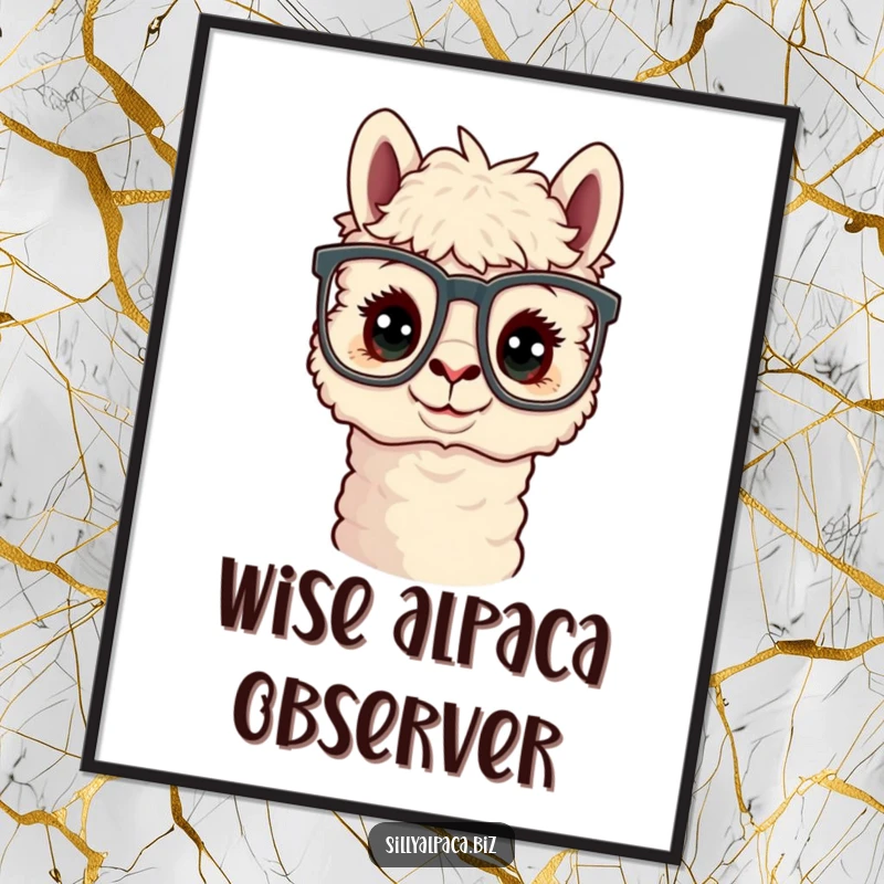 Funny Curious Alpaca Office Glasses Digital Art Print of an alpaca wearing large glasses, perfect for instant wall decor.