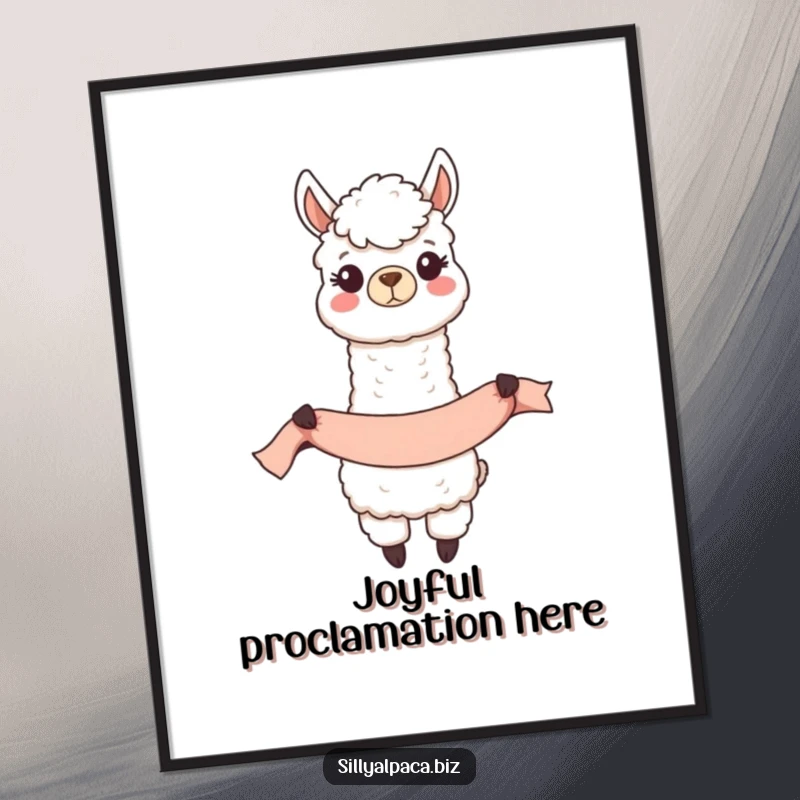 Funny Happy Alpaca Banner Digital Art Print of a joyful alpaca character unfurling a long celebratory banner.