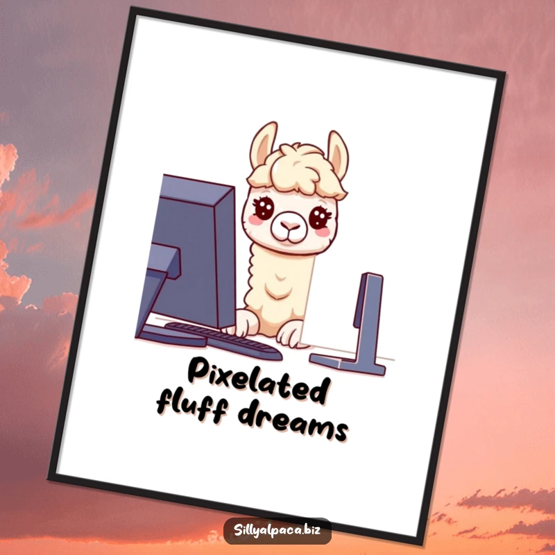 Funny digital art print of a curious alpaca character peering intently at a computer screen, capturing the essence of digital exploration.
