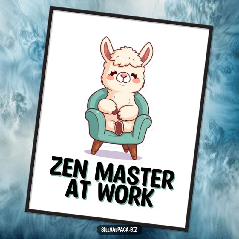 Funny digital art print of a relaxed alpaca character leaning back in a tiny chair, offering instant humor and quirky wall decor.