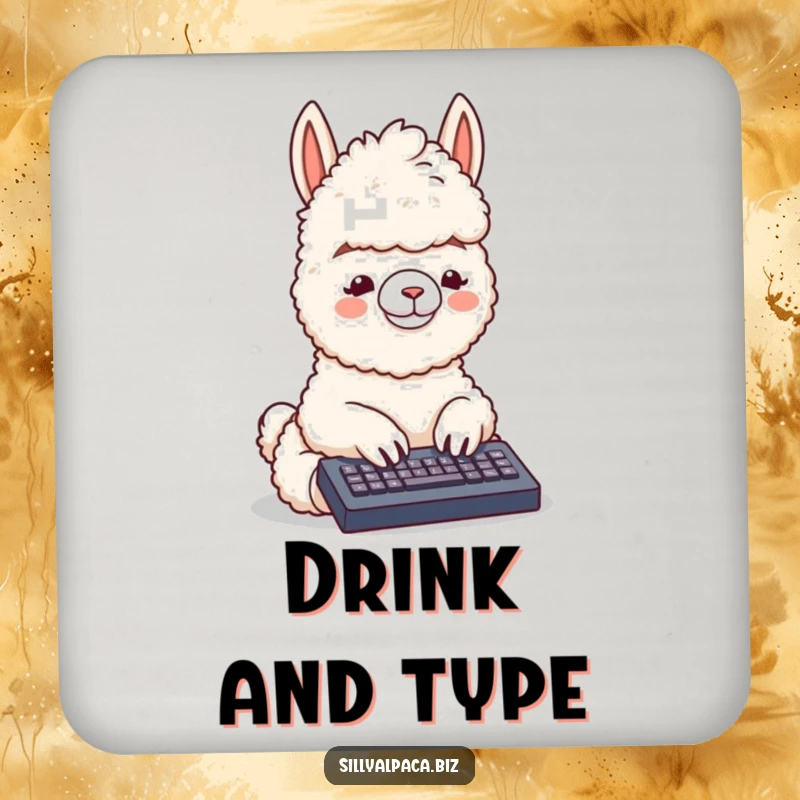 Funny drink coaster with a fluffy alpaca typing on a tiny keyboard, protecting surfaces with a touch of adorable, tech-inspired humor.