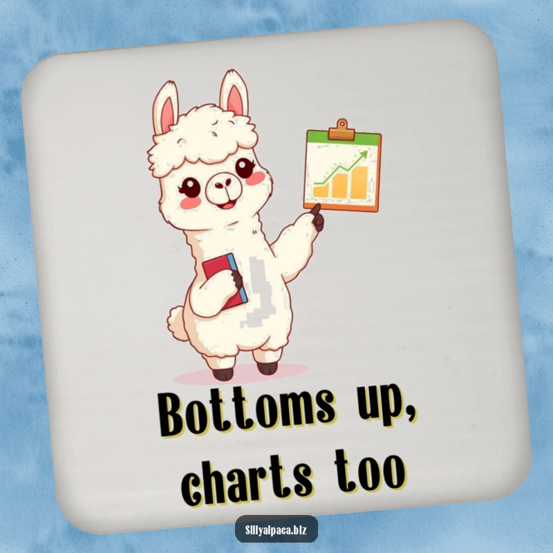 Funny alpaca drink coasters depicting a cheerful alpaca with a clipboard enthusiastically pointing at a tiny chart, adding humorous presentation flair.