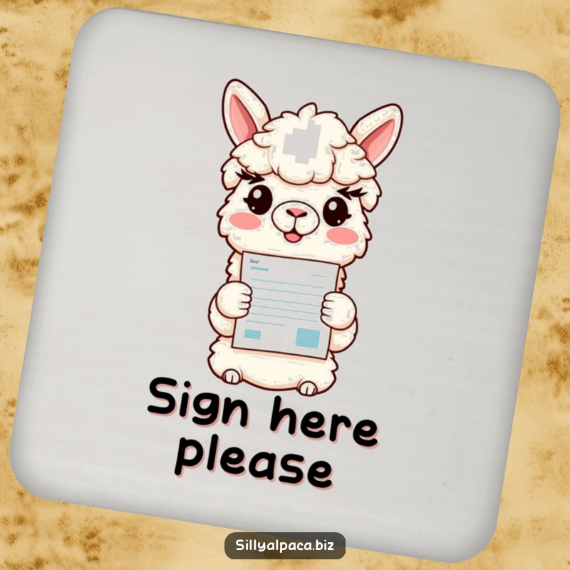 Funny coasters set showing a smiling alpaca character presenting a colorful document, offering stylish and humorous surface protection.