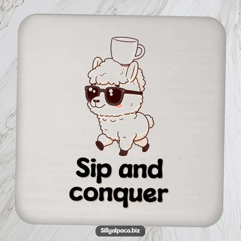 Funny drink coaster featuring a determined alpaca marching with a coffee mug balanced on its head, perfect for any table.