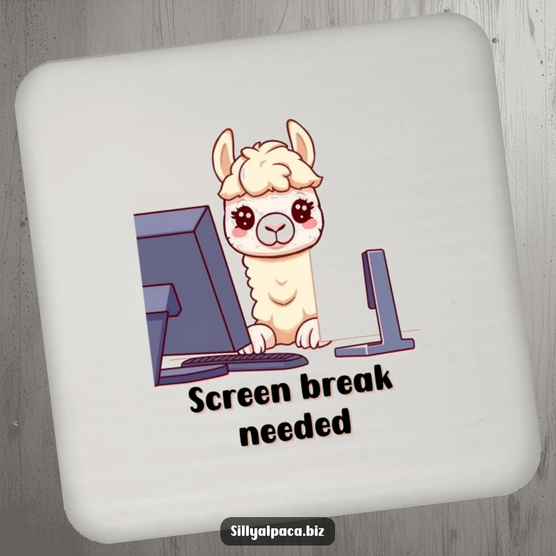 Funny coasters set showing a curious alpaca character peeking at a computer screen, offering humorous protection for tables.