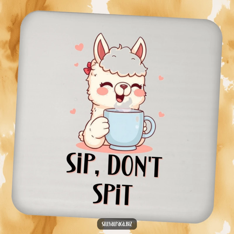 Funny coaster featuring a cheerful alpaca character enjoying a steaming mug, providing stylish and humorous protection for surfaces.