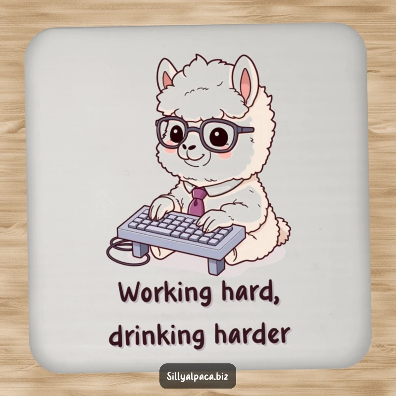 Funny alpaca drink coasters depicting a fluffy alpaca in a tie and glasses typing rapidly on a miniature keyboard, adding humorous professionalism.