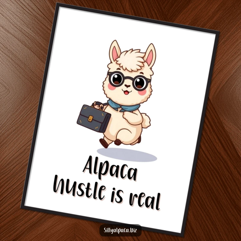 Funny Busy Alpaca Briefcase Poster featuring an alpaca character in a hurry with a briefcase, perfect for office or gym decor.