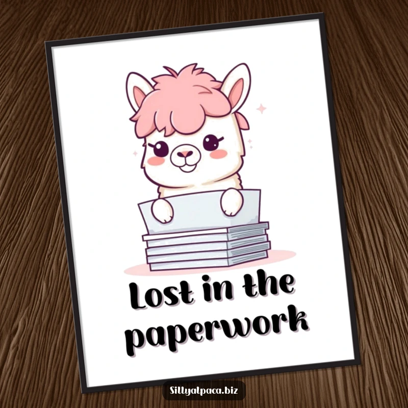 Funny poster art capturing a playful alpaca with a mischievous grin peeking from behind a stack of papers, adding humor.