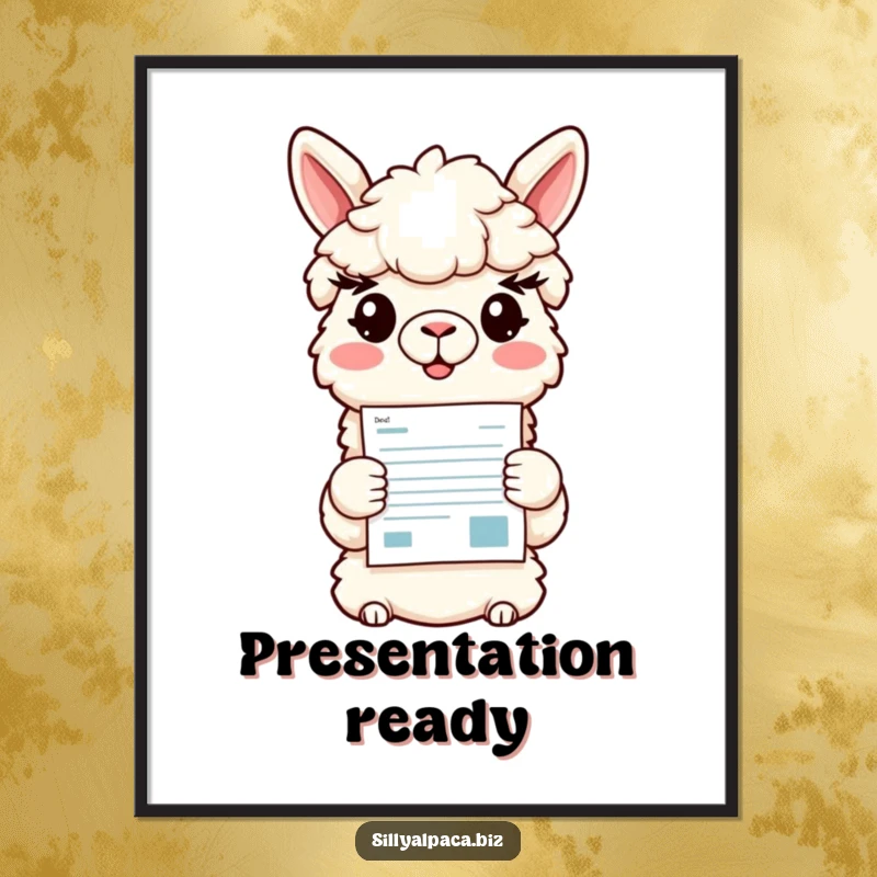 Funny poster of a smiling alpaca character holding up a vibrant, colorful document, conveying a message of clarity and good news.